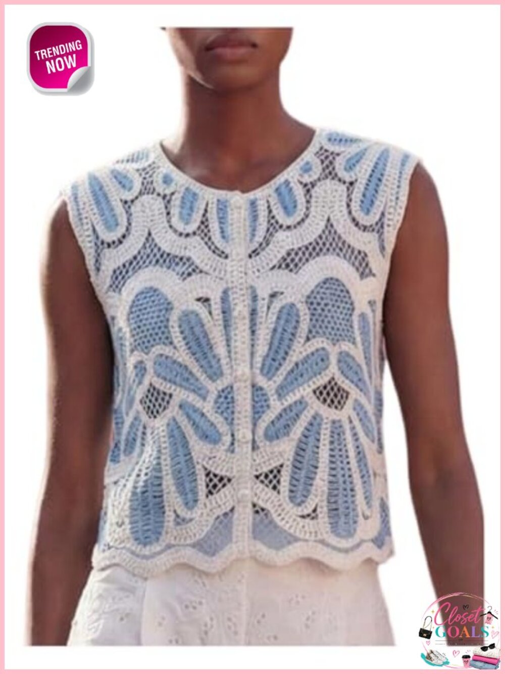 Crochet Knit Button Down Hollow Out Floral Top Summer Vacation